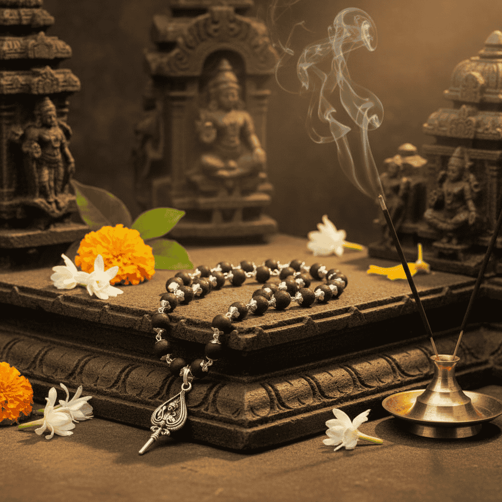 Karugali Mala with Lord Muruga Vel Pendant (German Silver)