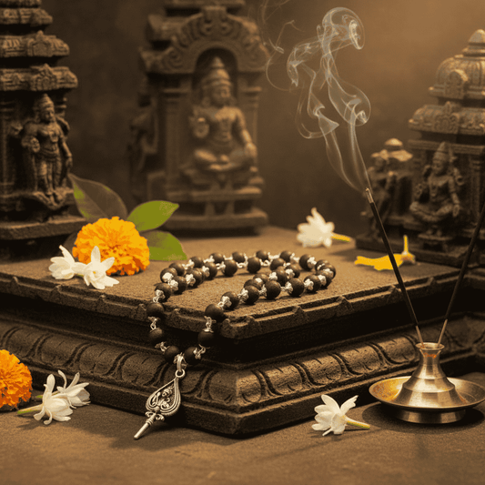 Karugali Mala with Lord Muruga Vel Pendant (German Silver)
